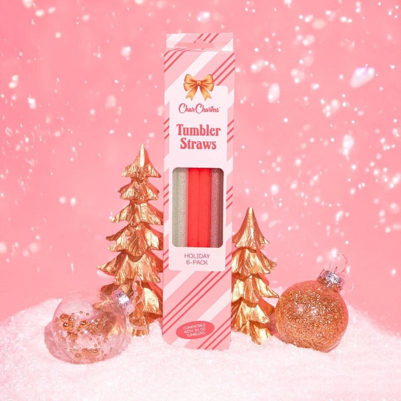 slide 2 of 4, CharCharms 6pk 30oz Holiday Glitter Water Bottle Straws Red/Green/Silver, 6 ct; 30 oz