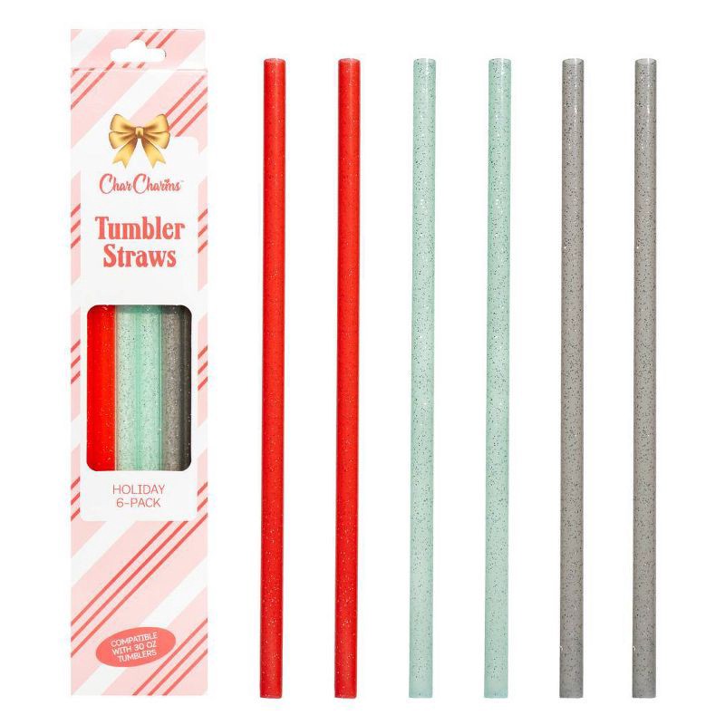 slide 1 of 4, CharCharms 6pk 40oz Holiday Glitter Water Bottle Straws Red/Green/Silver, 6 ct, 40 oz