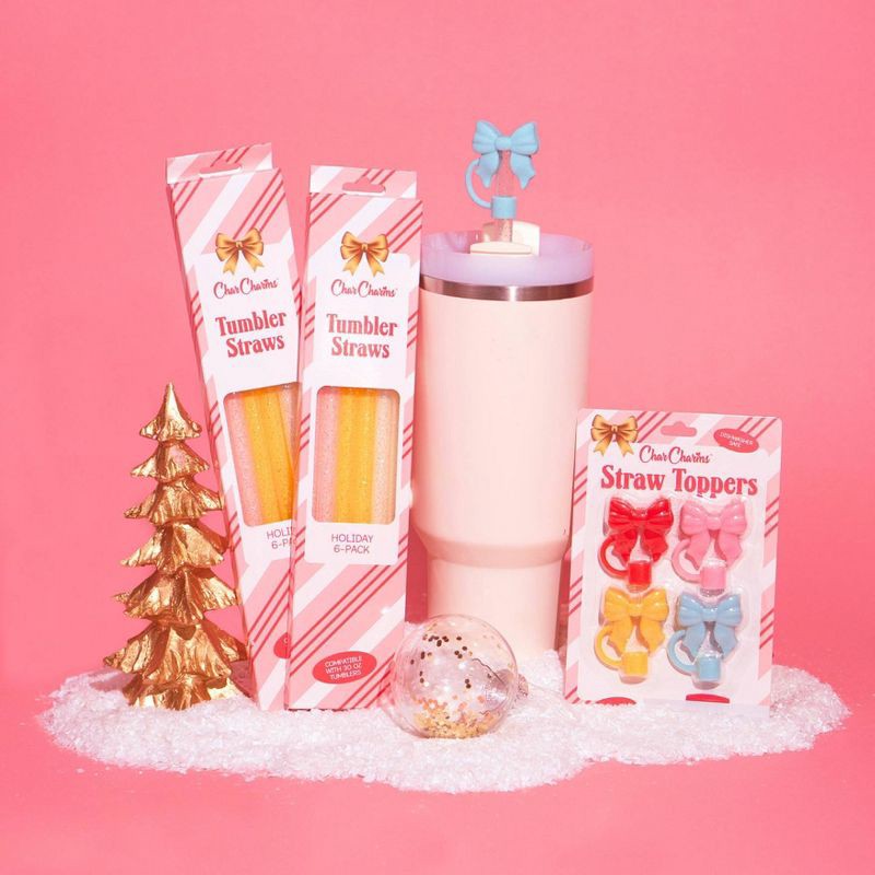 slide 3 of 4, CharCharms 6pk 30oz Holiday Glitter Water Bottle Straws Pink/Gold/White, 6 ct; 30 oz