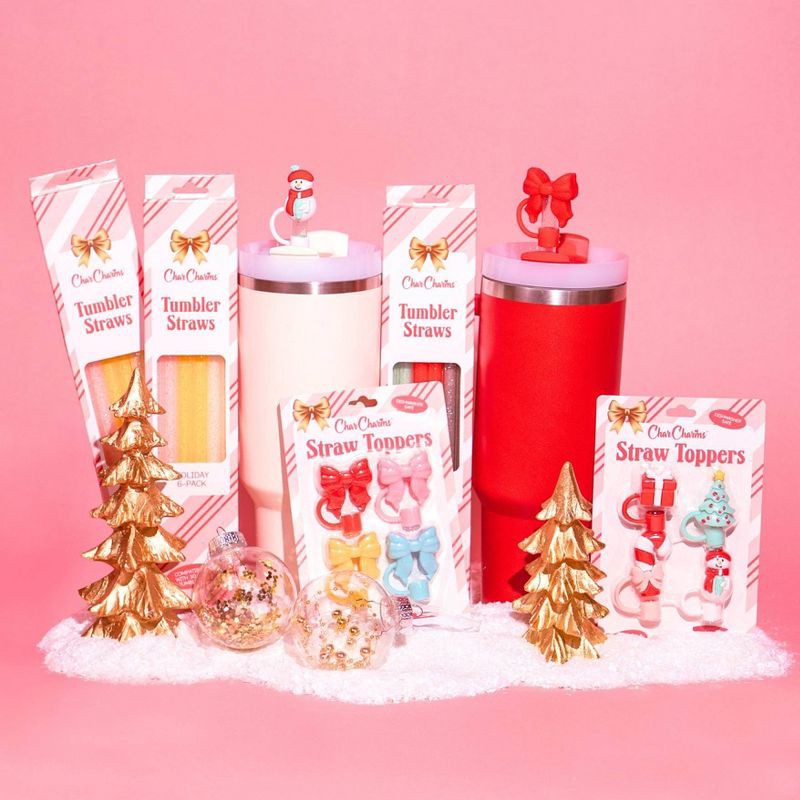 slide 4 of 4, CharCharms 6pk 30oz Holiday Glitter Water Bottle Straws Pink/Gold/White, 6 ct; 30 oz
