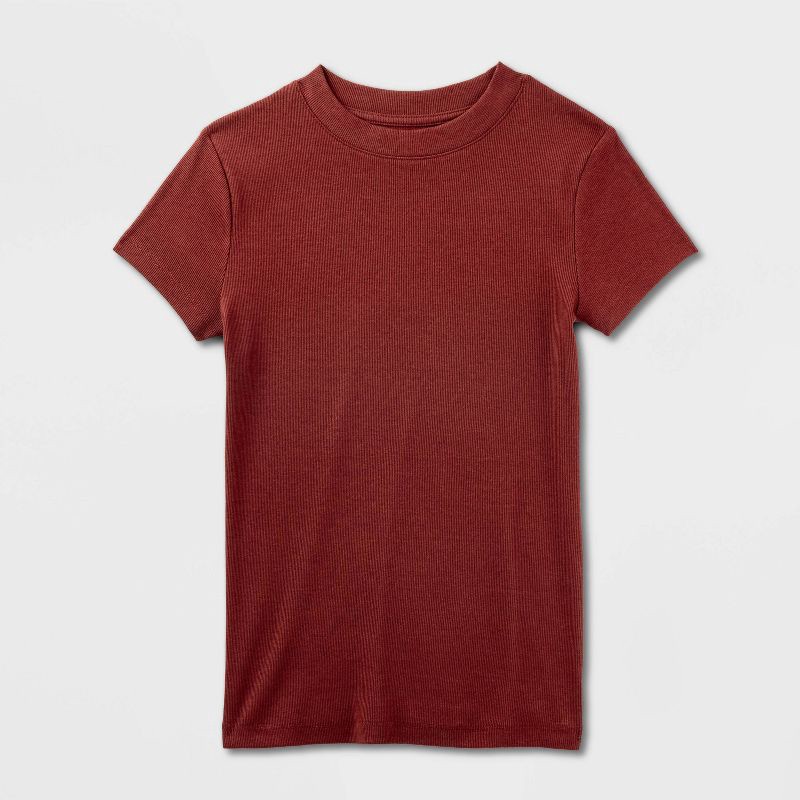 slide 4 of 4, Women's Slim Fit Short Sleeve Ribbed T-Shirt - A New Day™ Maroon XS, 1 ct