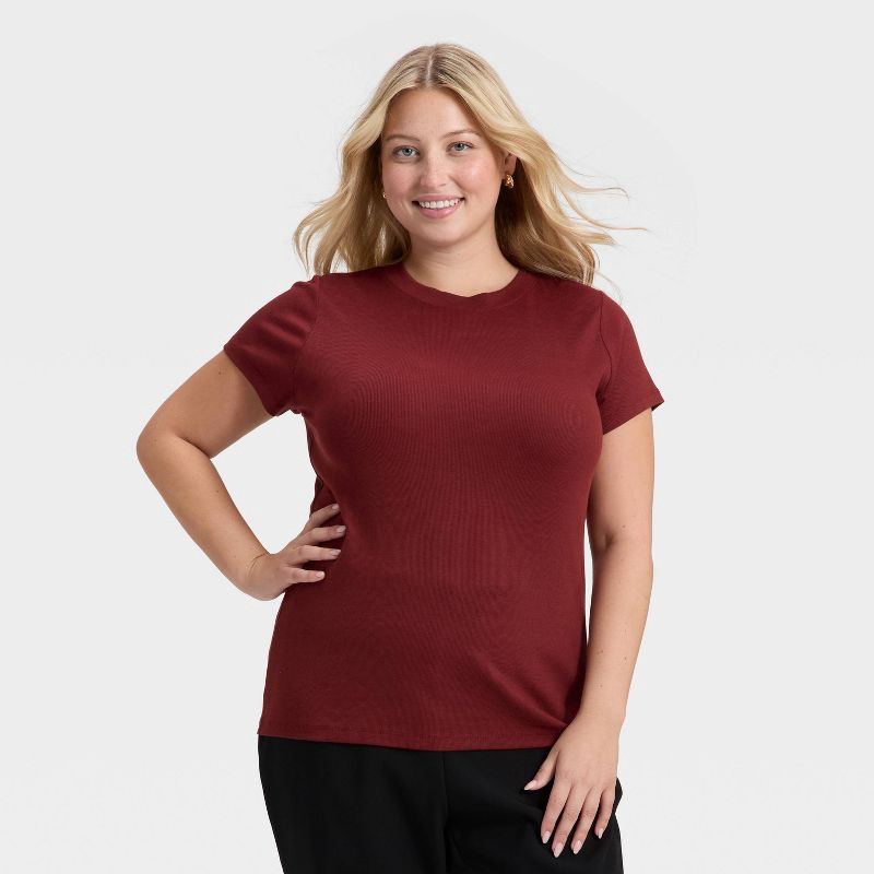 slide 1 of 3, Women's Slim Fit Short Sleeve Ribbed T-Shirt - A New Day™ Maroon XXL, 1 ct