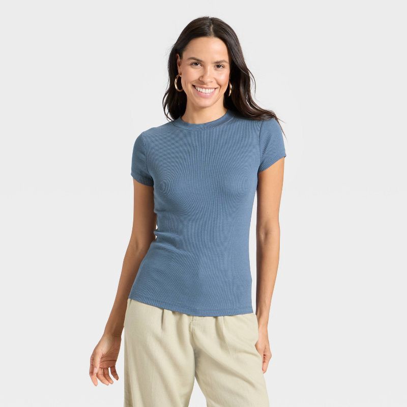 slide 1 of 4, Women's Slim Fit Short Sleeve Ribbed T-Shirt - A New Day™ Sea Blue XS, 1 ct