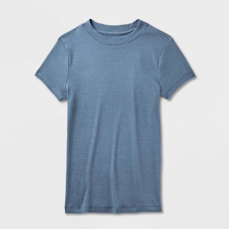slide 4 of 4, Women's Slim Fit Short Sleeve Ribbed T-Shirt - A New Day™ Sea Blue S, 1 ct