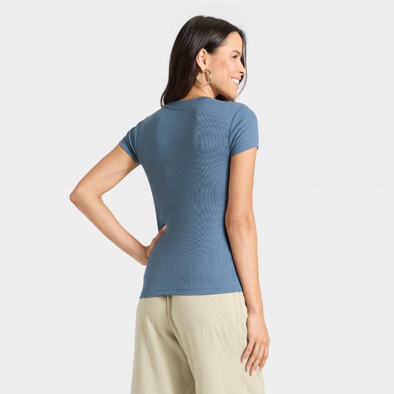 slide 2 of 4, Women's Slim Fit Short Sleeve Ribbed T-Shirt - A New Day™ Sea Blue L, 1 ct