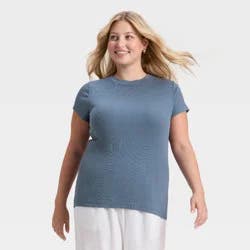Women's Slim Fit Short Sleeve Ribbed T-Shirt - A New Day™ Sea Blue XXL