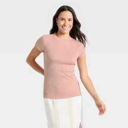 Women's Slim Fit Short Sleeve Ribbed T-Shirt - A New Day™ Pink S
