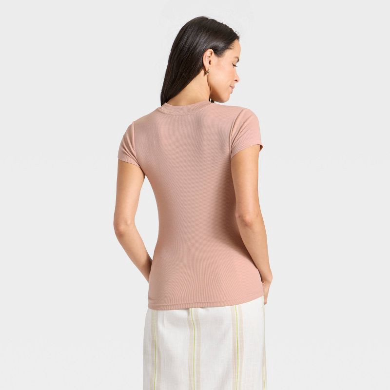 slide 2 of 4, Women's Slim Fit Short Sleeve Ribbed T-Shirt - A New Day™ Pink L, 1 ct