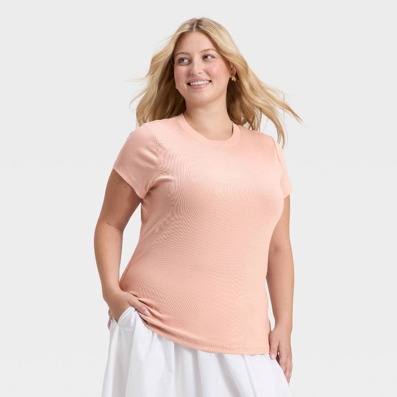 slide 1 of 3, Women's Slim Fit Short Sleeve Ribbed T-Shirt - A New Day™ Pink XXL, 1 ct