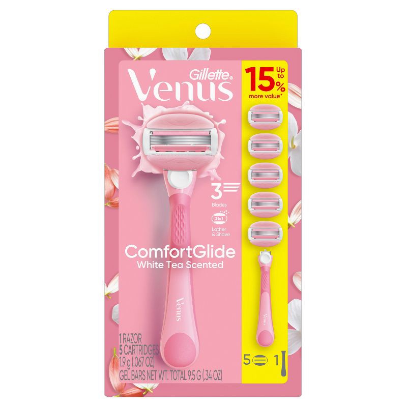 slide 8 of 9, Venus ComfortGlide White Tea Women's Razor Handle, 5 Razor Blade Refills and Shower Holder, 1 ct
