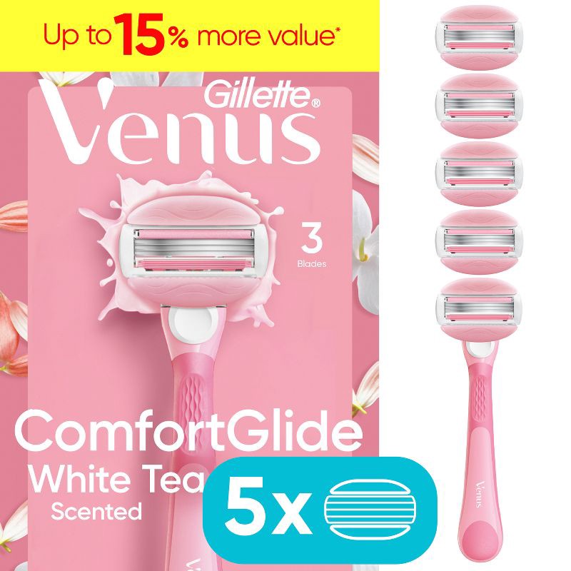 slide 1 of 9, Venus ComfortGlide White Tea Women's Razor Handle, 5 Razor Blade Refills and Shower Holder, 1 ct