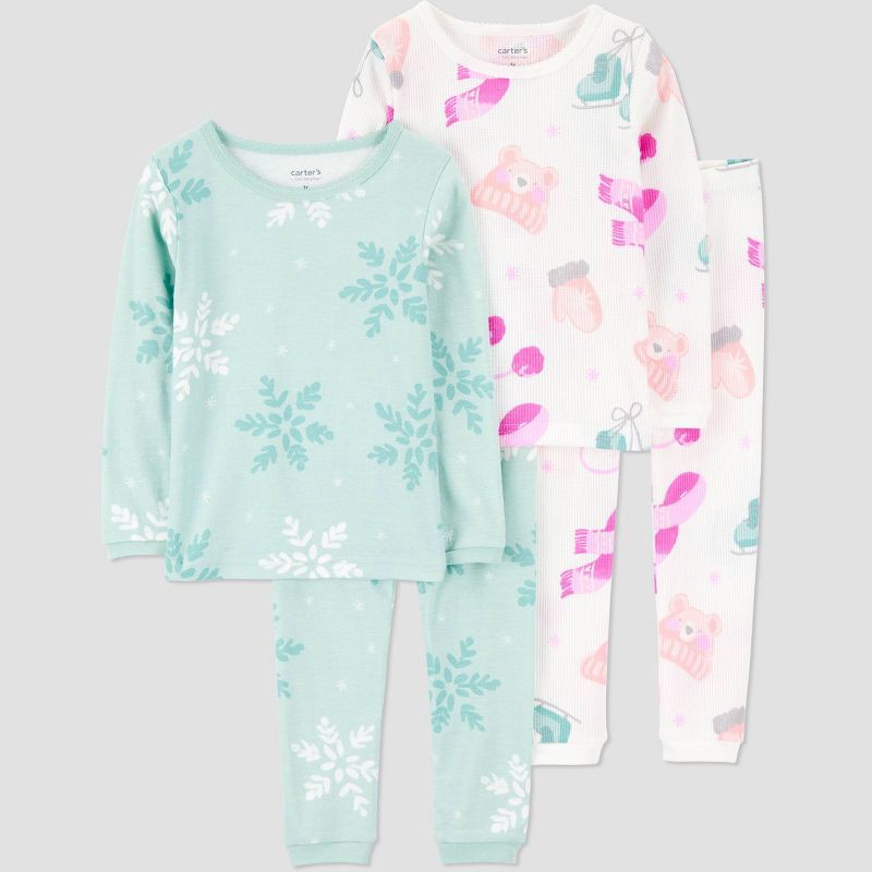 slide 1 of 4, Carter's Just One You® Toddler Girls' 4pc Winter Accessories & Snowflakes Long Sleeve Cotton Pajama Set - Light Blue/Pink/White 4T, 4 ct