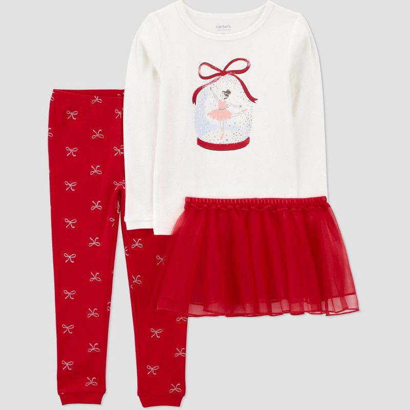 slide 1 of 5, Carter's Just One You® Toddler Girls' 3pc Ballerina Christmas Tutu Long Sleeve Cotton Pajama Set - Red/White 18M, 3 ct