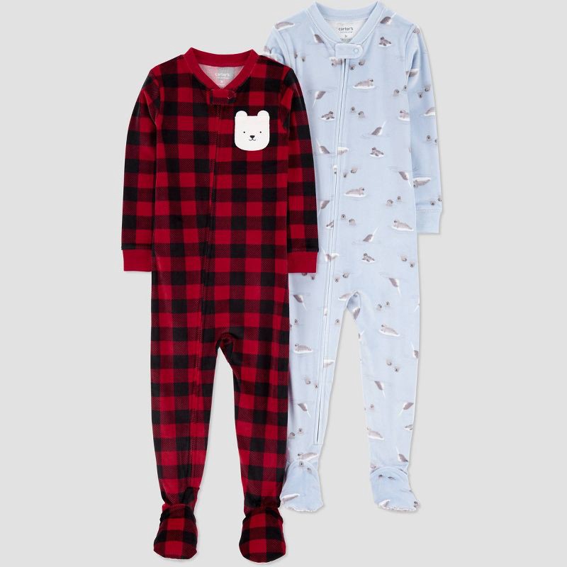 slide 1 of 4, Carter's Just One You® Toddler Boys' 2pk Snug Fit Buffalo Check & Otters Long Sleeve Velour Footed Pajama 18M, 2 ct