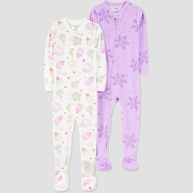 slide 1 of 4, Carter's Just One You® Toddler Girls' 2pk Snug Fit Snowflakes & Candy Long Sleeve Velour Footed Pajama - Purple/White 3T, 2 ct