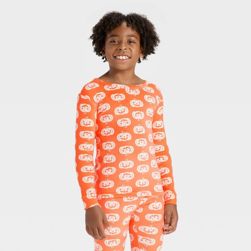 slide 3 of 4, Kids' 2pc Halloween Pumpkins Snuggly Soft Long Sleeve Tight Fit Pajama Set - Cat & Jack™ Orange 10, 2 ct