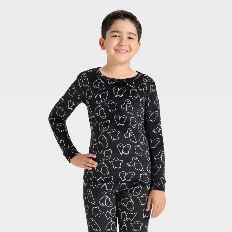 slide 3 of 4, Kids' 2pc Halloween Ghosts Snuggly Soft Long Sleeve Tight Fit Pajama Set - Cat & Jack™ Black 6, 2 ct