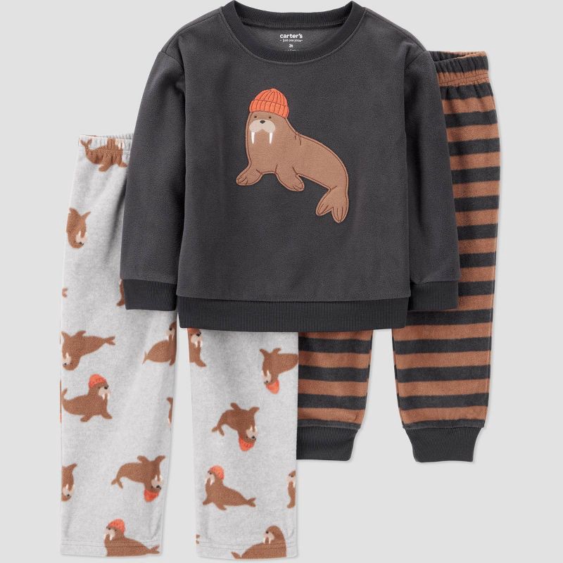 slide 1 of 5, Carter's Just One You® Toddler Boys' 3pc Gray Walrus Long Sleeve Poly Fleece Pajama Set - Black/Brown 5T, 3 ct