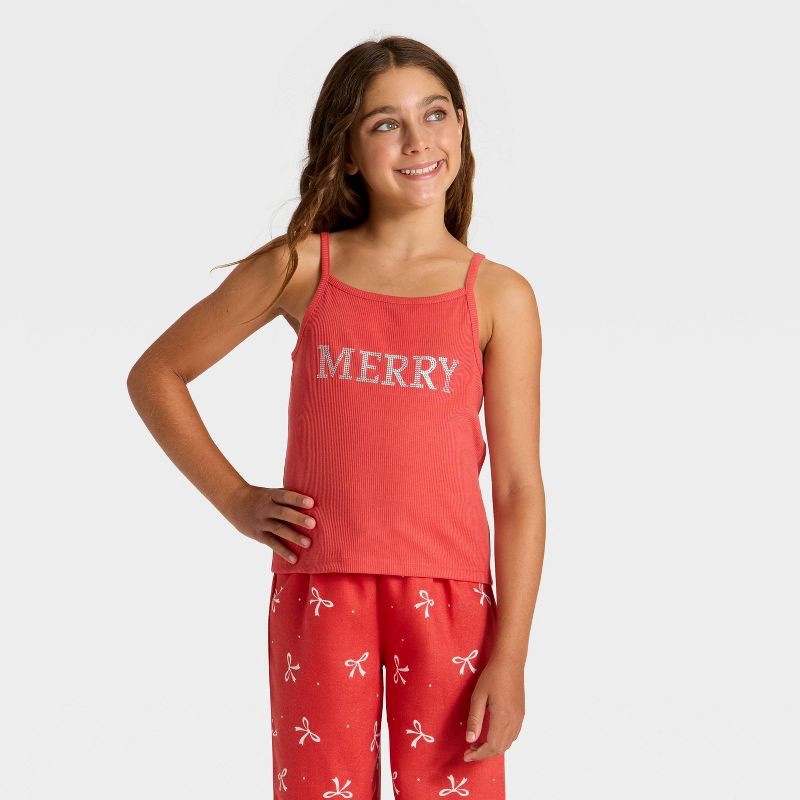 slide 3 of 4, Grayson Threads Kids Girls' 2pc Merry Bows Christmas Tank Top and Pants Pajama Set - Red S, 2 ct
