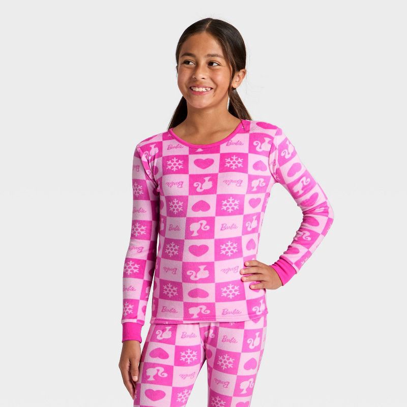 slide 3 of 4, Girls' 2pc Barbie Holiday Snuggly Soft Pajama Set - Pink 4, 2 ct
