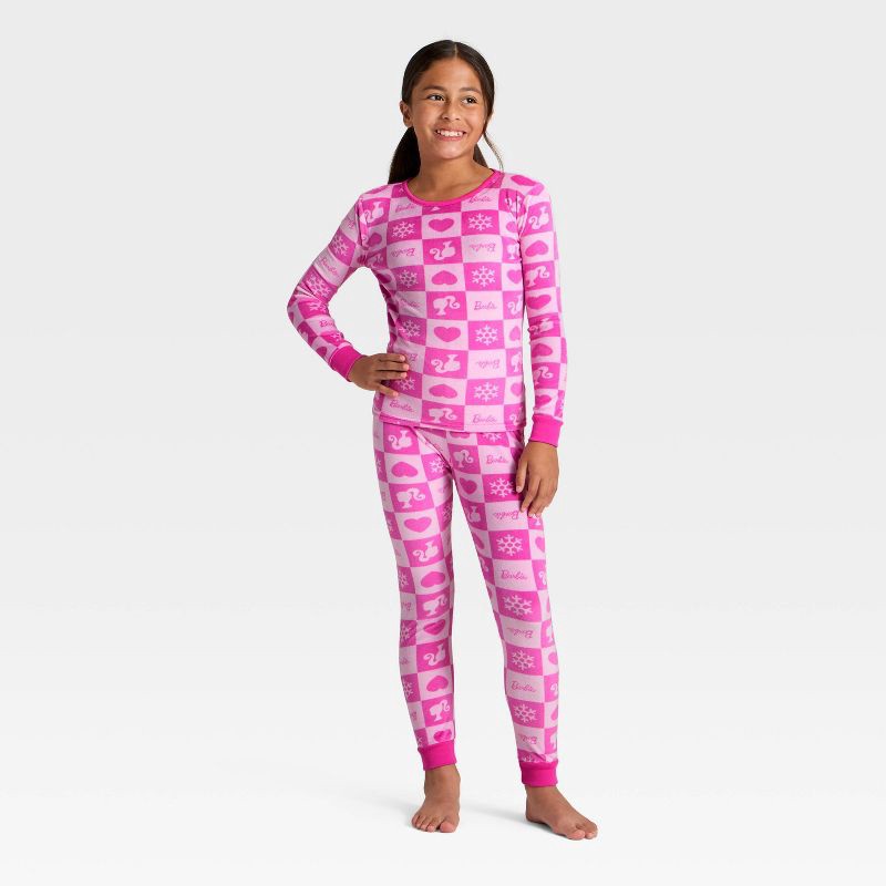 slide 1 of 4, Girls' 2pc Barbie Holiday Snuggly Soft Pajama Set - Pink 6, 2 ct