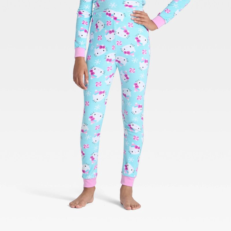 slide 4 of 4, Girls' 2pc Hello Kitty Holiday Snuggly Soft Pajama Set - Aqua Blue 6, 2 ct