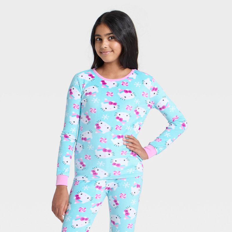 slide 3 of 4, Girls' 2pc Hello Kitty Holiday Snuggly Soft Pajama Set - Aqua Blue 10, 2 ct