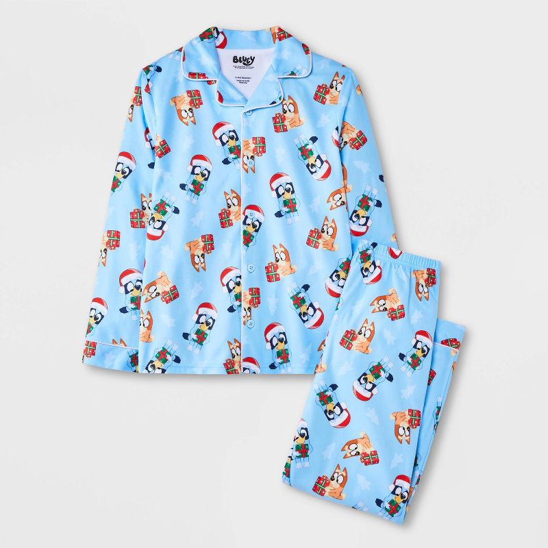 slide 1 of 4, Kids' 2pc Bluey Christmas Coat Pajama Set - Blue XS, 2 ct