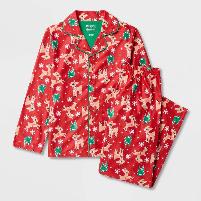slide 1 of 3, Kids' 2pc Rudolph the Red-Nosed Reindeer Christmas Coat Pajama Set - Red XS, 2 ct