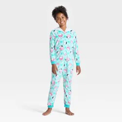 Squishmallows Girls' Squishmallow Holiday Long Sleeve Union Suit - Aqua Blue L
