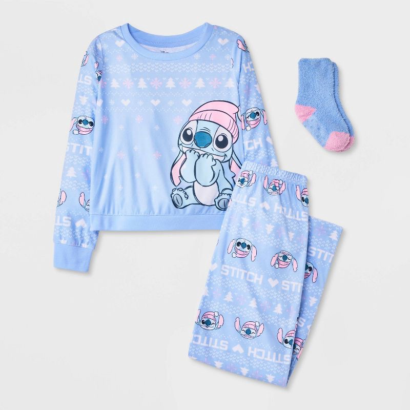 slide 1 of 4, Girls' 2pc Lilo & Stitch Holiday Cozy Pajama Set with Socks - Blue S, 2 ct