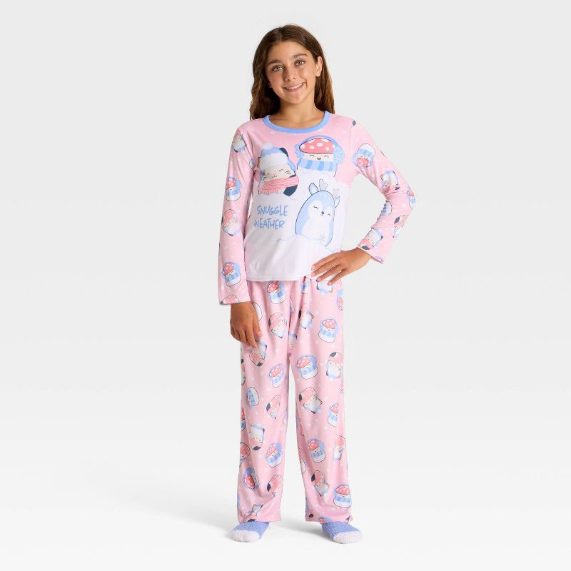 slide 1 of 5, Squishmallows Girls' 2pc Squishmallow Holiday Cozy Pajama Set with Socks - Blush M, 2 ct