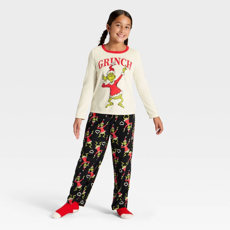 slide 1 of 5, Girls' 2pc The Grinch Christmas Cozy Pajama Set with Socks - Black S, 2 ct