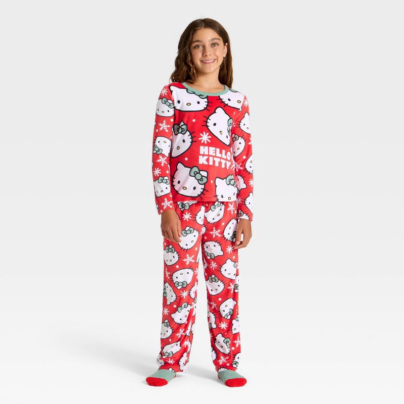 slide 1 of 5, Girls' 2pc Hello Kitty Holiday Cozy Pajama Set with Socks - Red XS, 2 ct
