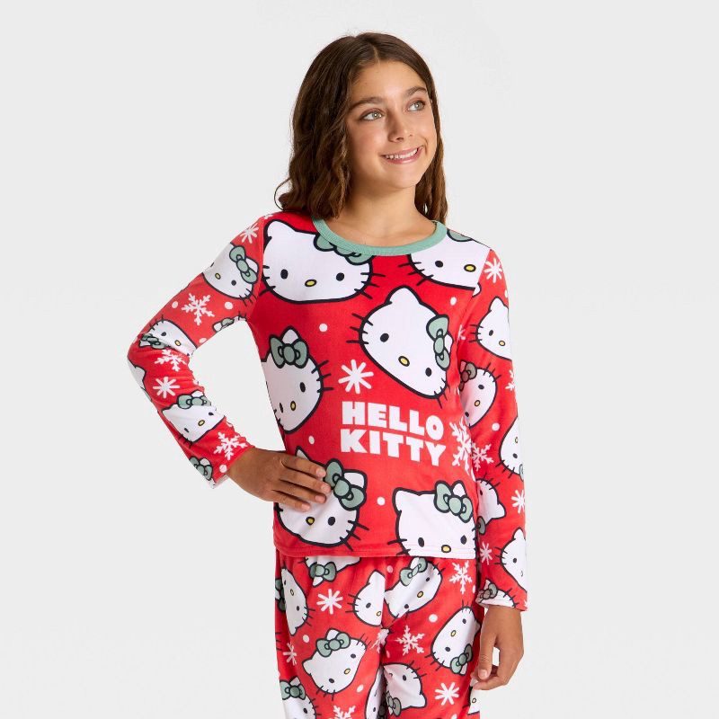 slide 3 of 5, Girls' 2pc Hello Kitty Holiday Cozy Pajama Set with Socks - Red S, 2 ct