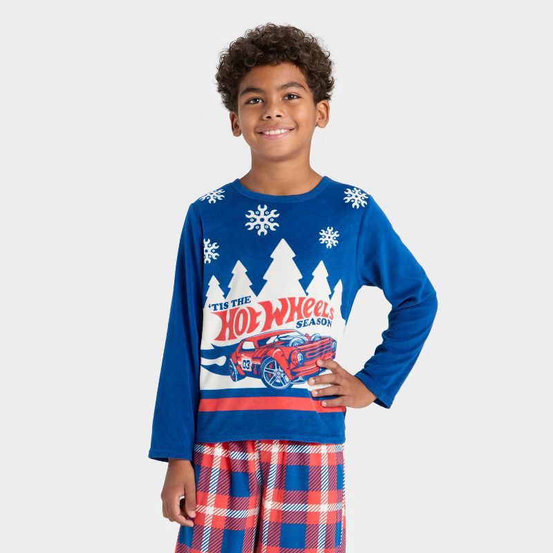 slide 3 of 5, Boys' 2pc Hot Wheels Holiday Cozy Pajama Set with Socks - Navy Blue M, 2 ct