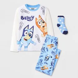 Boys' 2pc Bluey Holiday Cozy Pajama Set with Socks - Blue XS