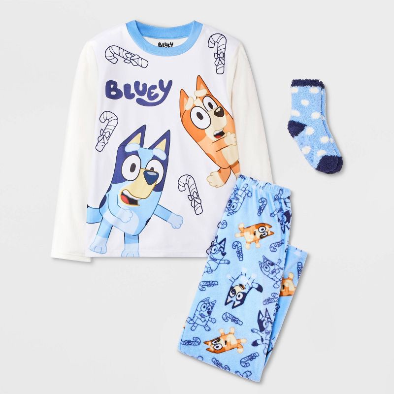 slide 1 of 4, Boys' 2pc Bluey Holiday Cozy Pajama Set with Socks - Blue M, 2 ct
