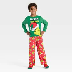 Boys' 2pc The Grinch Christmas Cozy Pajama Set with Socks - Green L