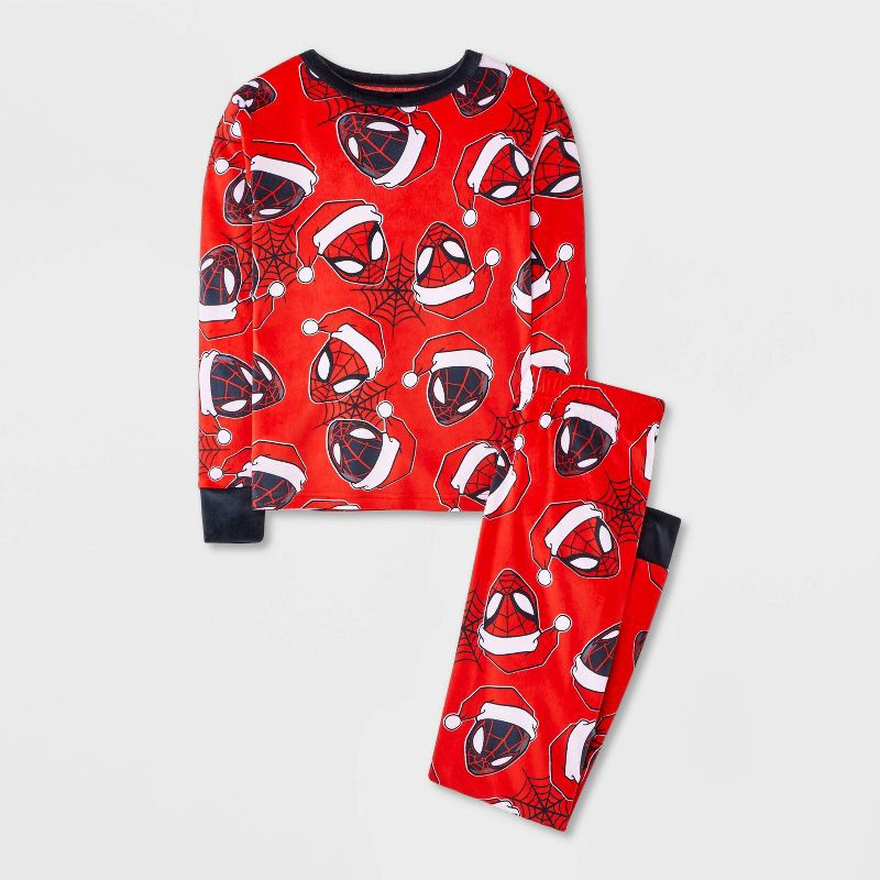 slide 1 of 4, Boys' 2pc Marvel Spider-Man Christmas Snuggly Soft Pajama Set - Red 8, 2 ct