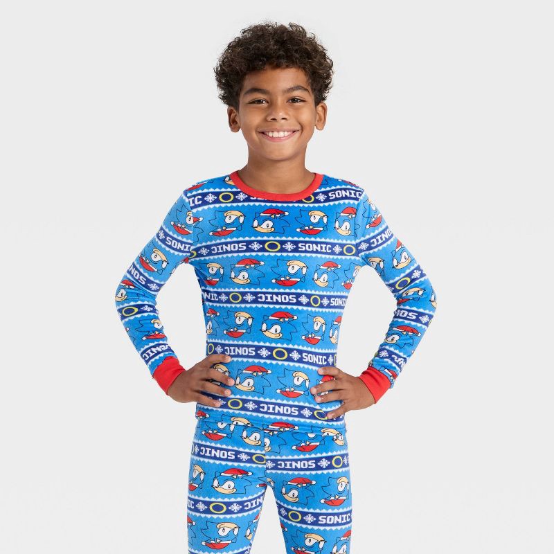 slide 3 of 4, Boys' 2pc Sonic the Hedgehog Holiday Snuggly Soft Pajama Set - Blue 8, 2 ct