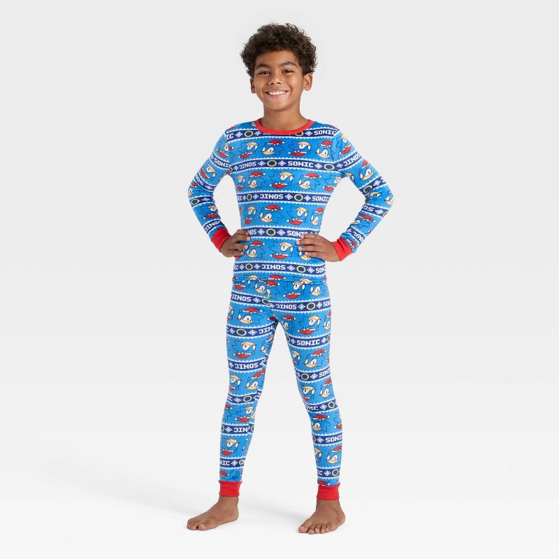 slide 1 of 4, Boys' 2pc Sonic the Hedgehog Holiday Snuggly Soft Pajama Set - Blue 8, 2 ct