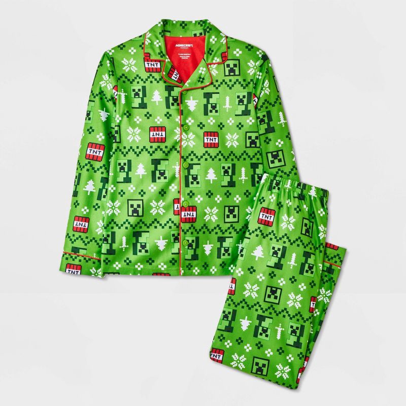 slide 1 of 4, Boys' 2pc Minecraft Creeper Holiday Coat Pajama Set - Green M, 2 ct