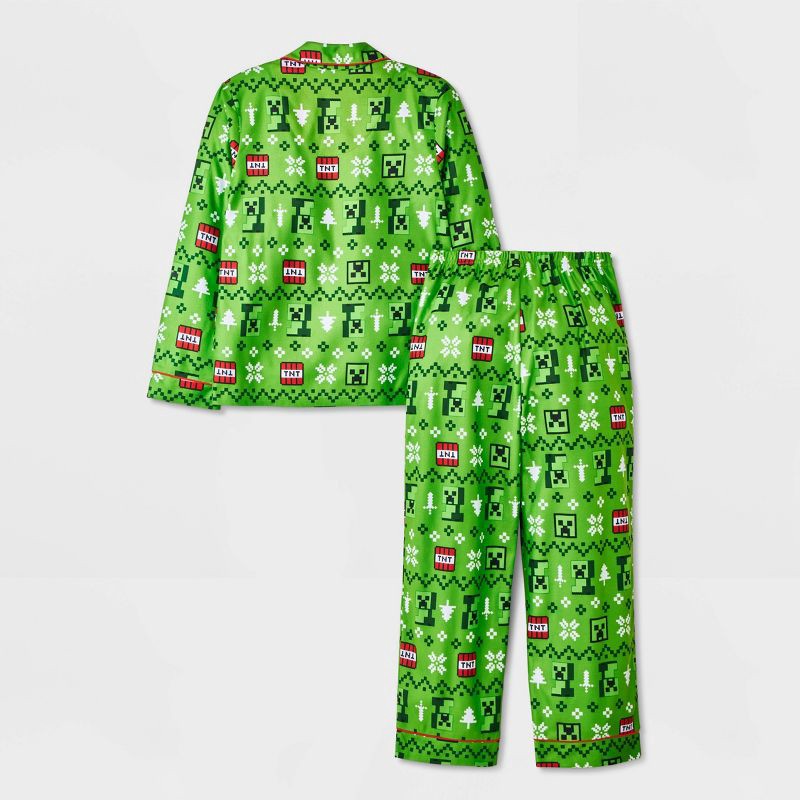slide 2 of 4, Boys' 2pc Minecraft Creeper Holiday Coat Pajama Set - Green L, 2 ct