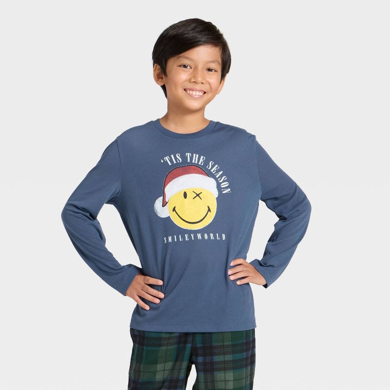 slide 3 of 4, SmileyWorld Boys' 2pc Smiley World Christmas Long Sleeve Pajama Set - Blue S, 2 ct