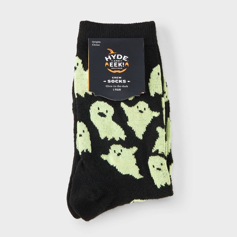 slide 3 of 3, Women's Glow-in-the-Dark Ghosts Halloween Crew Socks - Hyde and EEK! Boutique™ Black 4 - 10, 1 ct