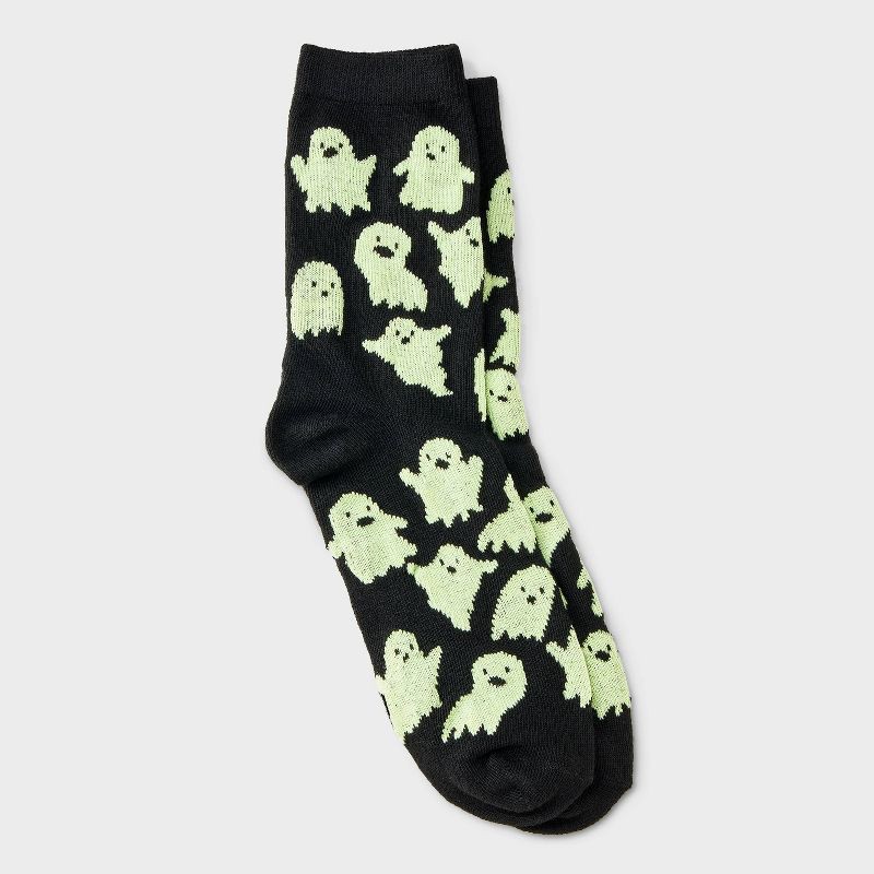 slide 1 of 3, Women's Glow-in-the-Dark Ghosts Halloween Crew Socks - Hyde and EEK! Boutique™ Black 4 - 10, 1 ct