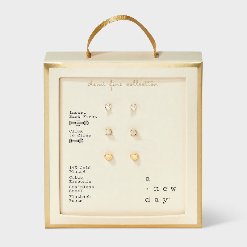 slide 2 of 4, 14K Gold Plated Simulated Opal and Heart Stud Flat Back Earring Set 3pc - A New Day™ Gold, 3 ct