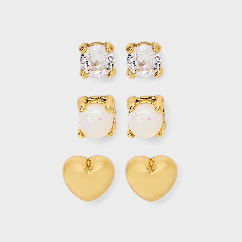 slide 1 of 4, 14K Gold Plated Simulated Opal and Heart Stud Flat Back Earring Set 3pc - A New Day™ Gold, 3 ct