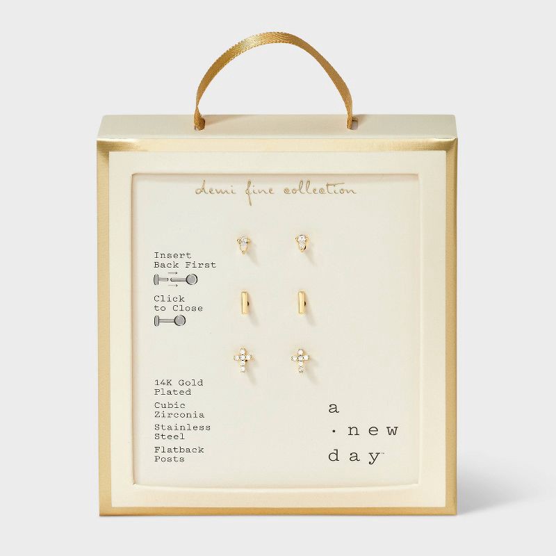 slide 2 of 4, 14K Gold Plated Cubic Zirconia Teardrop with Cross and Bar Flat Back Stud Earring Set 3pc - A New Day™ Gold, 3 ct